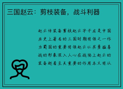 三国赵云：剪枝装备，战斗利器