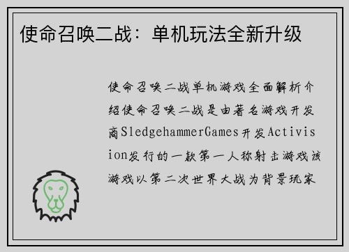 使命召唤二战：单机玩法全新升级