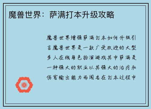 魔兽世界：萨满打本升级攻略